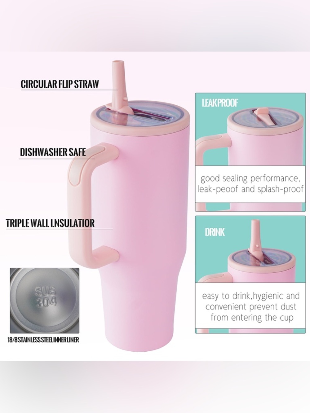 Credrink 40oz Stainless Steel Insulated Tumbler with Handle and Straw